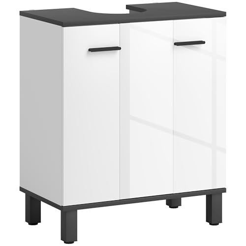 HOMCOM Mueble Bajo Lavabo, Mueble de Baño Compacto con Estante Ajustable, 2 Puertas, Estilo Moderno, para Lavabo con o sin Pedestal, 60x34x70 cm, Blanco Brillo