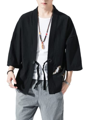 Image of Men's Japanese Kimono Cardigan Loose Cotton Linen 3 /4 Sleeve Open Front Casual Summer Shirt Jackets