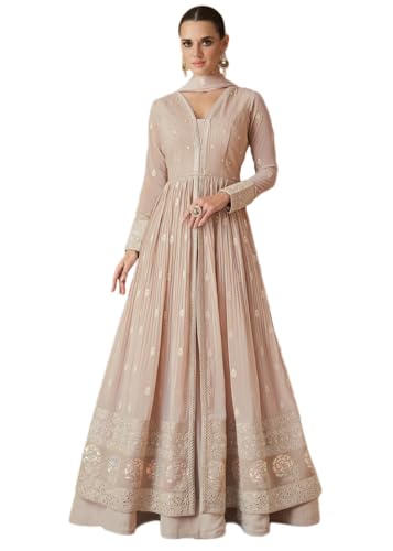 Image of Miss Ethnik Women's Peach Faux Georgette Stitched Top, Bottom and Dupatta Full Sleeve Embroidered Anarkali Gown (ME-1144)