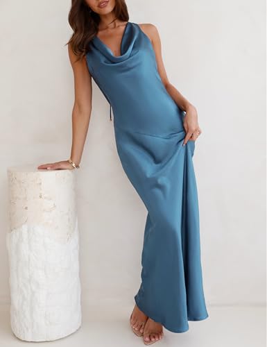 Image of KOUNAI Satin Backless Formal Maxi Dresses for Women Wedding Guest | Silk,Cowl Neck,Drape Neck,Open Back,Sleeveless,Tie Back,Elegant,Cocktail,Bridesmaid,Beach,Vacation,Party,Graduation,Midi