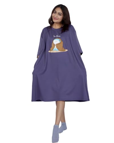 Image of LAMA STORE Women's Printed Oversized T-Shirt Dress, Cotton, 3 /4 Sleeve Length, Casual Loose Fit, Comfort Wear Extra Comfy Oversized Printed Pocket T-Shirt Dress