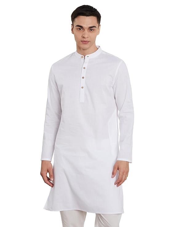 Zoiros Men's 100% Cotton Solid Long Length Casual Kurta - White (Large)