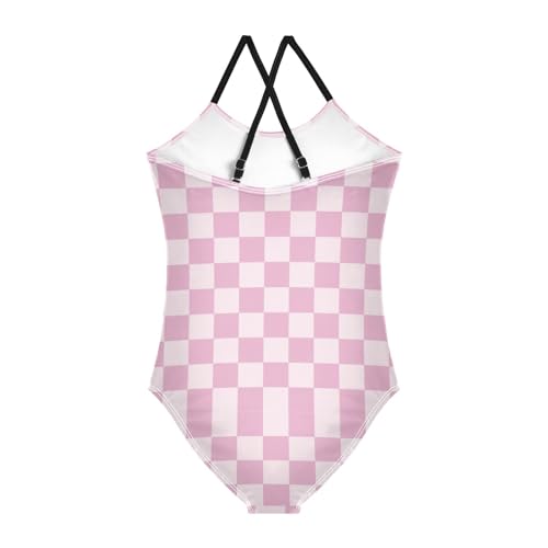 Pink White Checkered Girls One Piece Swimsuits Sport Halter Swimwear Beach Bathing Suit 9-10T2