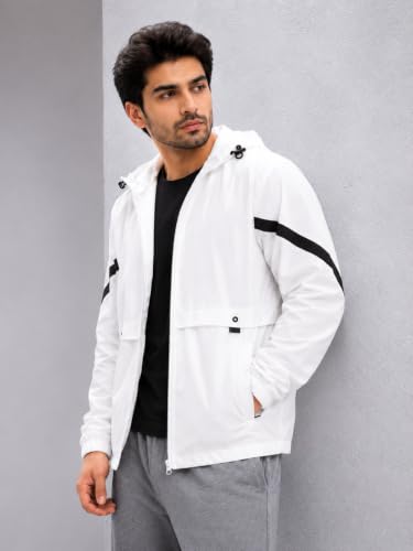 Image of Men's Hooded Windbreaker Jacket Lightweight Full Zip Color Block Casual Coat Water Resistant Outdoor Sports Hiking Running Travel Fashion Hoodie for Men