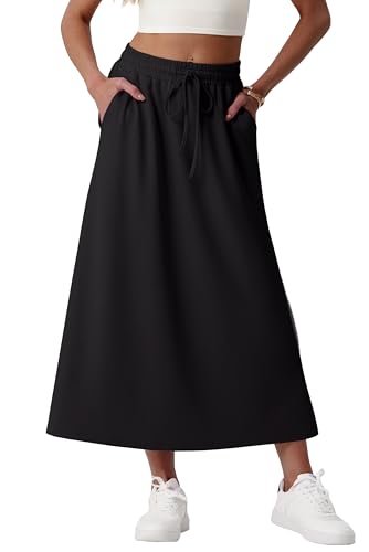 GRECERELLE Women's Skirts with Pockets Elasticated Waist Midi Skirt A-Line Summer Casual Maxi Skirt Long Skirts for Women UK (Black, M)
