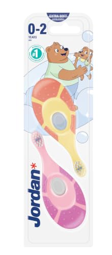 Jordan | Step 1 Baby Toothbrush | 0-2 Years | The Original Toddler Toothbrush with Extra Soft Bristles & Soft Biting Ring for Babies Gums and Easy Grip | Pink & Purple | Pack of 2