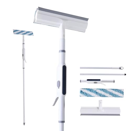 CLEANHOME 3-in-1 Window Cleaning Equipment, Rubber Window Squeegee - Fibre Cleaning Cloth - 51.18in Threaded Swivel Connection Long Pole - 80ml Self-contained Water Bottle (Push Button Spray)