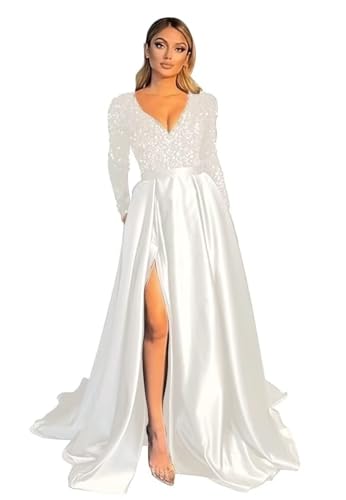 V Neck Satin Ball Gowns for Women Formal Sequin Prom Dresses with Slit Maxi Long Sleeve Evening Gown with Pockets