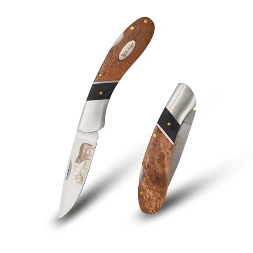 Elk Ridge Decorative Pocket Knife with Wolf Design, 3.25-inch Drop Point Blade, Burl Wood Handle, 7.25-inch Overall Length ER-072W