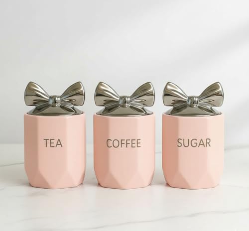 Bargain Brooz Set of 3 Silver Bow Lid Kitchen Canister Jars | Marble Inspired Tea Coffee Sugar Storage Pots | Glamorous Home Décor (Pink BB-44)