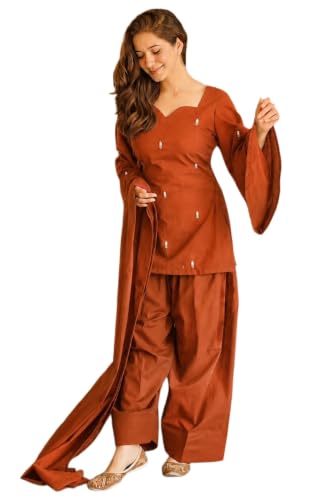 Image of ANNI Designer Women's Cotton Blend Embroidered Straight Kurta with Farshi Salwar and Dupatta | Ethnic Kurta Set for Women Stylish Indian Outfit Designer Suit Set Ethnic Clothing Collection