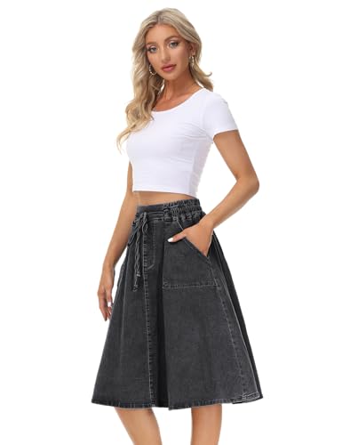 KANCY KOLE Women Casual Denim Skirts Frill Tie Waist A-Line Midi Jean Skirt with Pockets S-XXL4