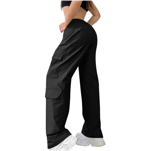 Generisch Damen Cargo Hosen Outdoor Arbeitshose mit Großen Taschen, Elastische Taille - Leicht & Atmungsaktiv für Wandern, Freizeitstyle (DE/NL/SE/PL, Alphanumerisch, M, Regular, Regular, Schwarz)