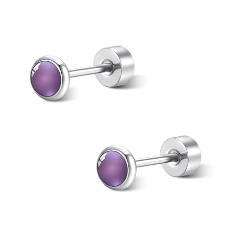 FACOKO Amethyst Stud Earrings 4MM Titanium Steel Flat Back Earrings for Women Hypoallergenic Tiny Studs Minimalist Dainty Jewelry Present
