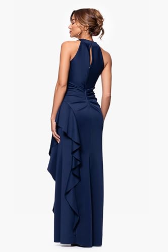 Image of Xscape Evenings Women's Long, Bodycon Low-Sheen Cross Front Halter Neck Evening Dress with Ruching & Ruffle Detail