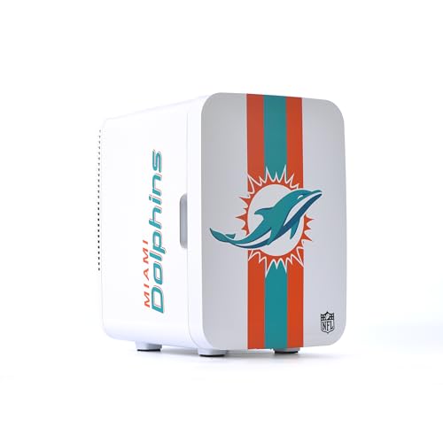 Image of Ukonic NFL Miami Dolphins 15-Can Mini Fridge 10L - AC /DC Powered, Official Team Colors & Logo, Portable Cooler for Tailgates, Home, Office, or Car