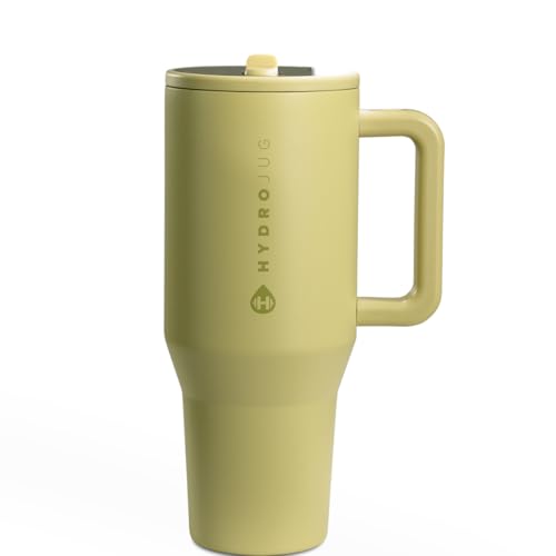 HydroJug Traveler - 32 oz Water Bottle with Handle & Flip Straw - Fits in Cup Holder, Leak Resistant Tumbler-Reusable Insulated Stainless Steel & Rubber Base - Gifts for Women & Men, Olive
