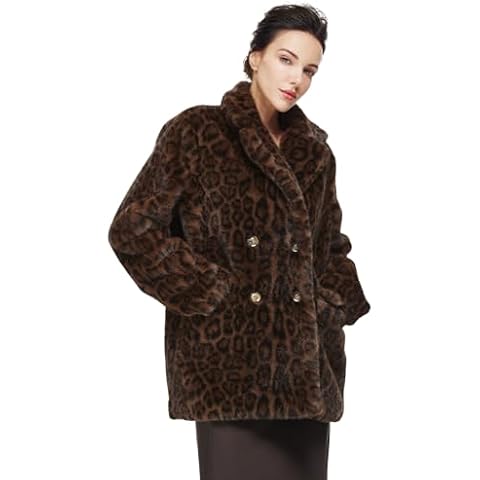 BEAUZSUZSANA Women Faux Fur Leopard Coat with Pockets Lapel Cropped Jacket Long Sleeve Shaggy Outerwear for Fall Winter (Dark Leopard,XL) Cover