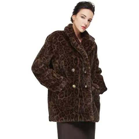 BEAUZSUZSANA Women Faux Fur Leopard Coat with Pockets Lapel Cropped Jacket Long Sleeve Shaggy Outerwear for Fall Winter (Dark Leopard,XL) Cover
