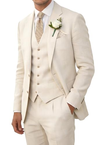 Wehilion Terno masculino retrô de linho para casamento, praia, verão, caimento justo, 3 peças, leve, respirável, jaqueta, calça, smoking, Bege, XGG