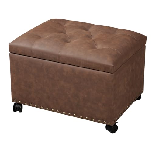 Joveco Leather Storage Ottoman with 360° Caster Wheels 24