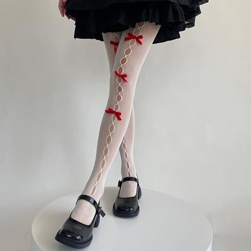 Image of SOLILOQUY Women's Lolita Pattern Tights Kawaii Velvet Bowtie Fishnet Stockings Leggings Mesh Pantyhose Hollow Out lace Socks
