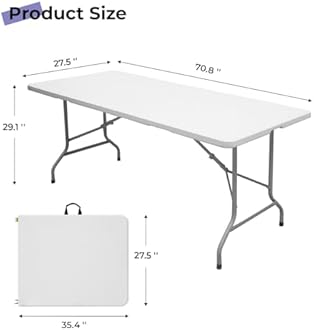 Folding Table 6ft Portable Heavy Duty Plastic Fold-in-Half Utility Foldable Table Plastic Dining Indoor Outdoor for Camping, Picnic and Party, White