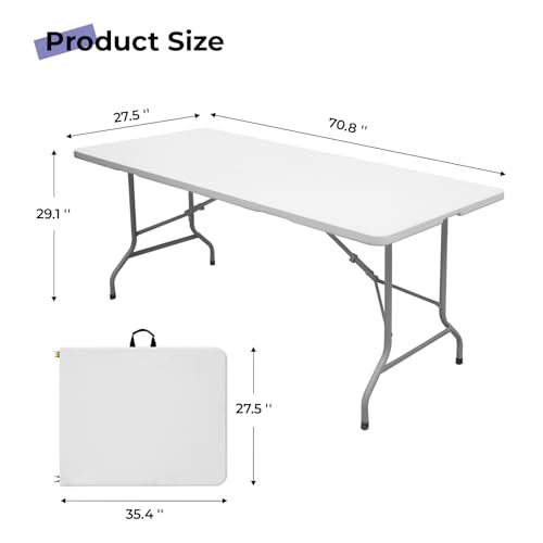 Byliable Folding Table 6ft Portable Heavy Duty Plastic Fold-in-Half Utility Foldable Table Plastic Dining Indoor Outdoor for Camping, Picnic and Party, White