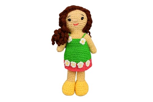 Image of Sutra Handmade Crochet Doll with Green Dress & Flowers | Amigurumi Wool Plush Toy | Soft Gift for Kids, Nursery & Home Decor