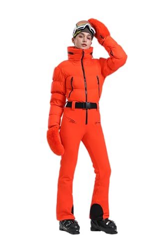 GSOU SNOW Womens One Piece Ski Suit Down Waterproof Snowsuits Winter Snowboard Jumpsuits Ski Outfit Orange M