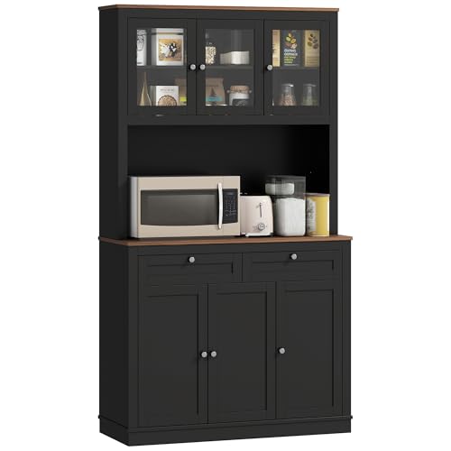 HOMCOM Alacena de Cocina, Mueble Auxiliar de Cocina, con 3 Puertas de Vidrio, Encimera Abierta para Microondas, 2 Cajones y Estantes Ajustables, 100x40x180 cm, Negro