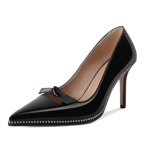 Soireelady Womens Beaded Pumps Stiletto High Heel with Bow Pointed Toe Slip On Fashion Dress Shoes Patent Leather 3.5 Inch