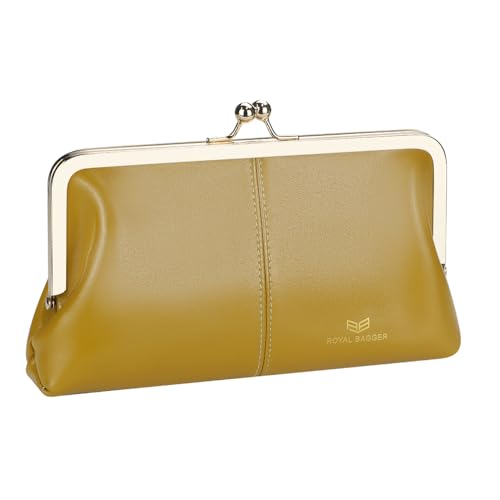 Image of Royal Bagger RFID Kiss Lock Wallet, Solid Color Multi-card Slots Card Holder, Genuine Cow Leather Clutch Purses for Women 1468 (Yellow (2468))