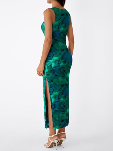 Image of Trendy Queen Bodycon Maxi Dress Womens Sleeveless Floral Print Fitted Party Club Ruched Dresses with Side Slit