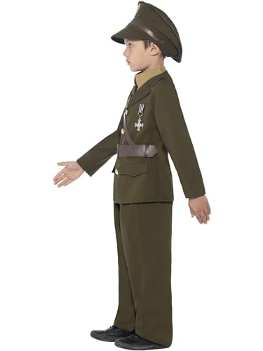 Smiffys Army Officer Costume, Green with Jacket, Belt, Trousers, Hat, Mock Shirt & Tie, Boys Fancy Dress, 1940s Dress Up Costumes