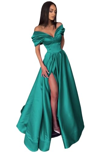 Image of Pleated Off The Shoulder Satin Prom Dresses for Women, Formal Evening Gowns Cocktail Party Dresses with Slit&Pockets