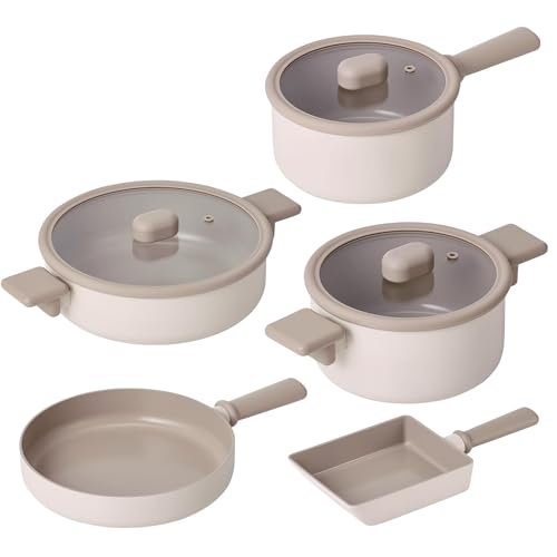 Chou Chou Kitchen Essential 8-Pieces Pot and Pan Set, Healthy Cooking Ceramic Coating Kitchenware, Induction Compatible Cookware, Made in Korea