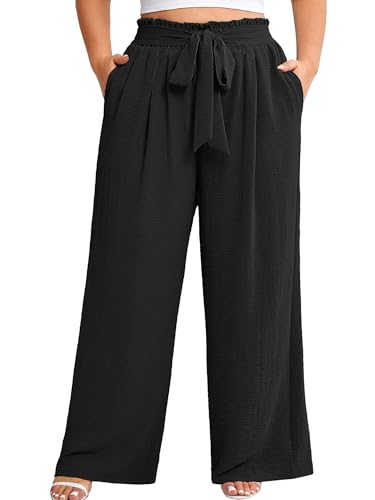 AusLook Plus Size Black Wide Leg Pants for Women High Waist Elastic...