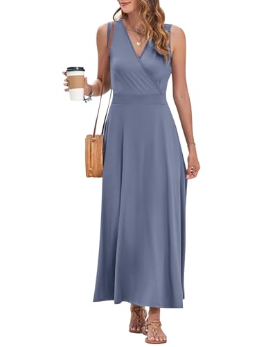 Image of AUSELILY Womens Maxi Dress Summer Sleeveless Wrap Long Dresses with Pockets | V-Neck Wrap Sleeveless Sundress, fits formal, casual, beach, vacation & daily wear