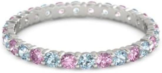 Aquamarine With Pink Tourmaline Round 2.50 MM Eternity 925 Sterling Silver Women Wedding Stacking Ring