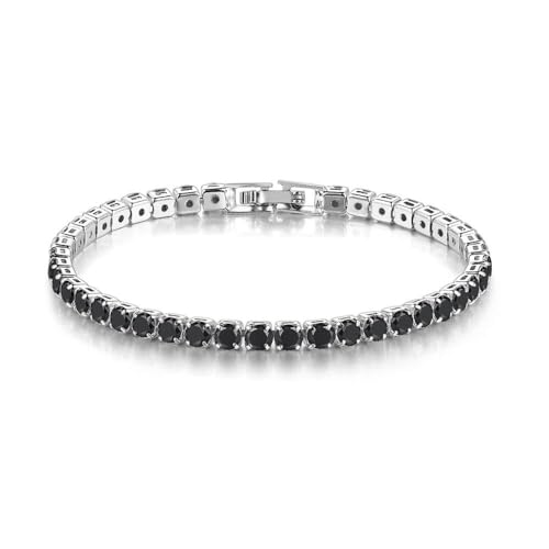 Paris Jewelry - Pulsera de tenis chapada en oro blanco de 18 quilates con cierre redondo de zafiro negro de 6 quilates, 18.41 cm, Chapado en oro blanco, zafiro...