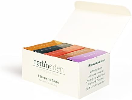 Herb’N Eden Pack of 5 Soaps for Women & Men | 100% Natural Ingredients | Essential Oils | Dry, Sensitive, Oily, Mature, Combo, Normal, Eczema, Psoriasis Skin | Face and Body | 1oz Bar Samples