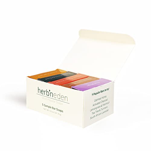 Herb’n Eden Pack Of 5 Soaps For Women & Men | 100% Natural Ingredients | Essential Oils | Dry, Sensitive, Oily, Mature, Combo, Normal, Eczema, Psoriasis Skin | Face And Body | 1Oz Bar Samples #TOP10