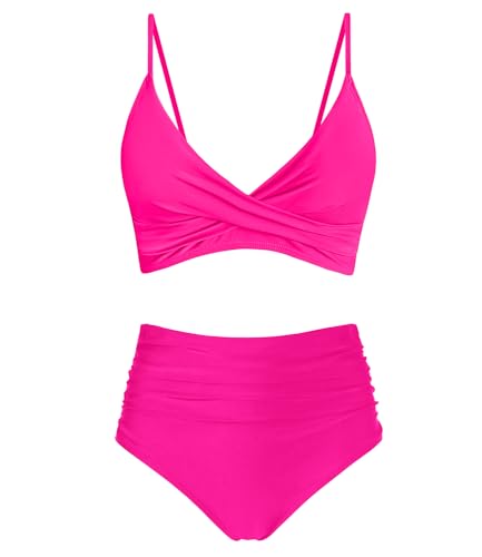 Image of Amy Babe Women's High Waisted Bikini Sets Push Up Twist Front Spaghetti Straps Ruched Two Piece Swimsuit Bathing Suit