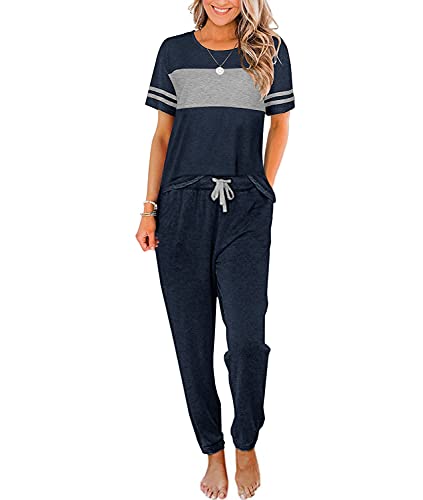 Blooming Jelly Womens Soft Pajama Set Short Sleeve Top And Long Pants With Pockets Two Piece Sleepwear Lounge Sets(Xl,Blue) #TOP20