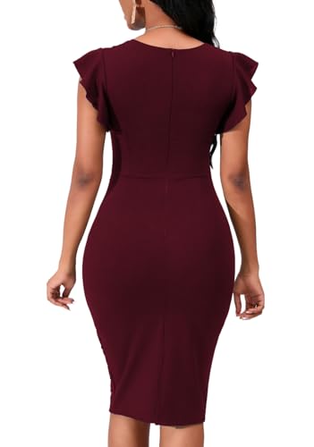 Image of PerZeal Women's 2026 Flutter Sleeve Bodycon Midi Dress Sexy Crew Neck Knit Ruffle Wear to Work Cocktail Party Pencil Dresses