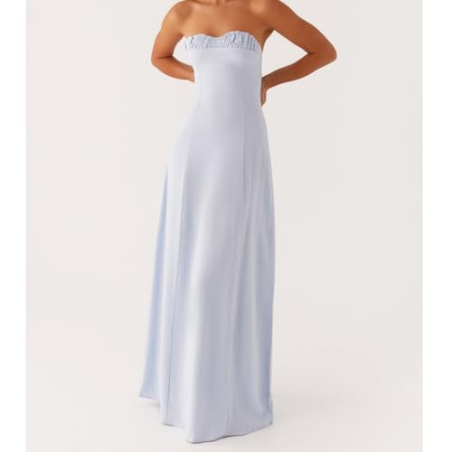Image of Women Tube Top Maxi Dress 2025 Elegant Sleeveless Strapless Ruched Flowy Summer Long Wedding Party Cocktail Dresses