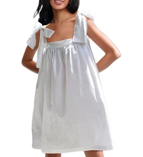 Image of Women Floral Tie Shoulder Mini Dress Cute Square Neck Loose Fit Beach Short Dress Backless Boho Vocation Sundress