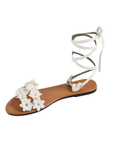 GORGLITTER Women's Flower Lace Up Sandals Floral Open Toe Strappy Tie Up Flat Sandals