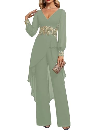 Long Sleeve Mother of The Bride Pant Suits for Wedding 2 Pieces V Neck Floral Formal Outfits for Women